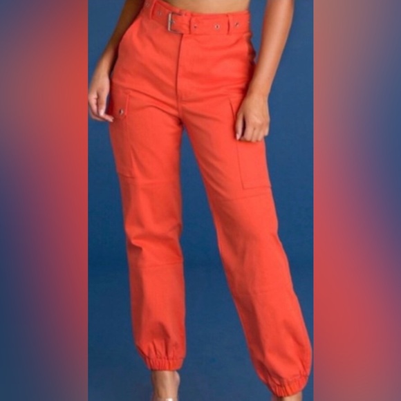 Hera Collection Pants - Celebrity Fashion by Hera Collection, Hi-Waisted Orange Cargo Joggers, Size M